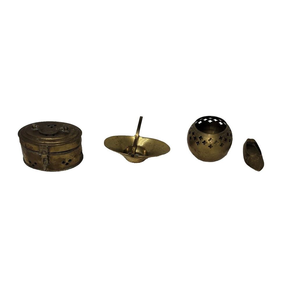 Vtg Brass Lot Trinket Box Basket Tea Bowl Small Artwares Made In India Home
